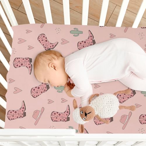 Image of VIGTRO Cowgirl Boots and Cacti Pattern Baby Crib Sheets for Boys Girls, Breathable Soft Fitted Crib Playard Sheets Baby Mattress Sheet, S 39x27x5in