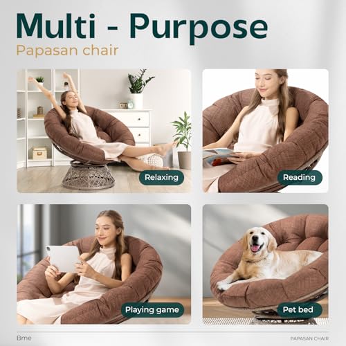 Image of Bme Ergonomic Wicker Papasan Chair with Soft Thick Density Fabric Cushion, High Capacity Steel Frame, 360 Degree Swivel for Living, Bedroom, Reading Room, Lounge, Cinnamon Mocha - Brown Base