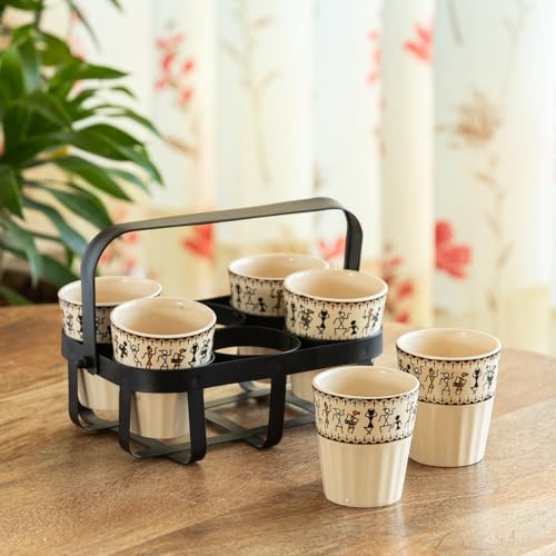 Image of ExclusiveLane 'Warli Tales' Ceramic Tea Glasses Set of 6 with Iron Holder (Set of 6, Each Glass Capacity : 130 ml, Handcrafted) | Cearmic Tea Cups Set Chai Tea Glasses for Tea Chai Cups