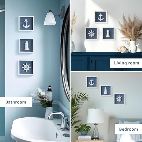 TideAndTales 3D Nautical Wall Decor (Famed Set of 3) Anchor, Lighthouse and Ship Wheel - Rustic Beach Bathroom Coastal Theme Home Decorations - Nautical Gifts (7"x7"), Classic Blue - Image 5