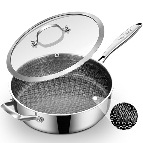 Inqibee Sauteuse Hybride 28cm à manche long et anse latérale – Couvercle Verre – Capacité 5 L – Sauteuse Profonde Inox Alvéolée – Compatible...