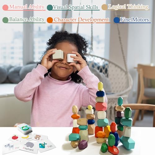 Stacking Rocks 40 Pieces, Over 3 Years Old, Educational Toddler Stacking Blocks, Promotes Imagination, Balance & Fine Motor Skills - Wooden Rocks Sensory Toys Gift for Kid, Boy Girl Pack