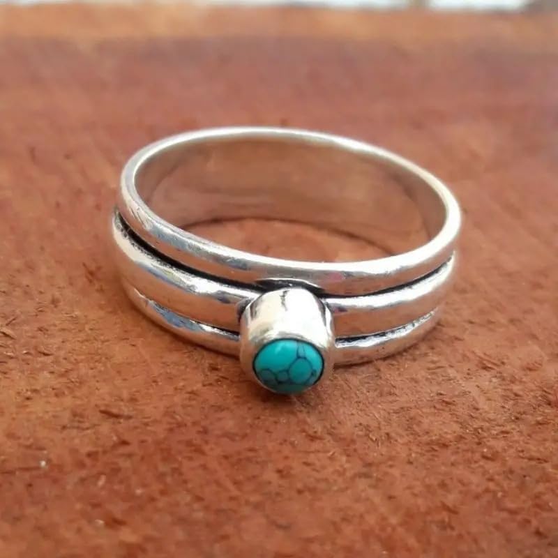 Vintage Round Synthetic Turquoise 925 Sterling Silver Ring Band Engagement Wedding Promise Bands with Blue Turquoise Stackable Multilayer Rings for Her 7#2