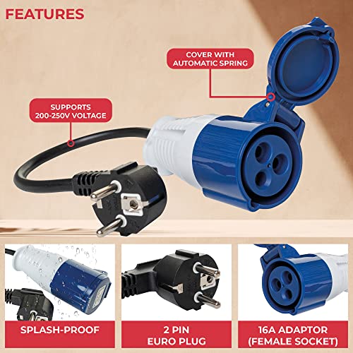GADLANE Adapter für Wohnwagen 16A - Europäischer Adapter für Camping, elektrisch, wasserdicht IP44 - Steckdose für Camping - Länge von 35 cm (200-250V)