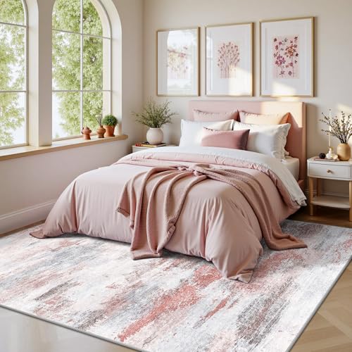 Image of 5x7 Rugs for Living Room - Modern Abstract Washable Rug, Ultra Soft Non Slip Low Pile Large Rugs, Floor Carpet for Bedroom Dining Room Office Laundry Nursery Home（Pink & Grey）