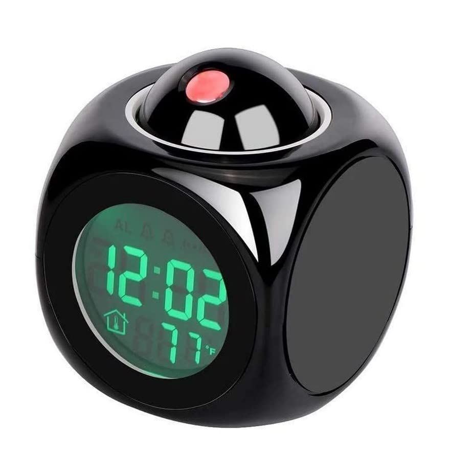 FIZLOZFIZLOZ Plastic LCD Talking Digital Alarm Clock with Projector Time Display Watch with Indoor Temperature, Smart Night Light, Bold Numbers (Black & White )
