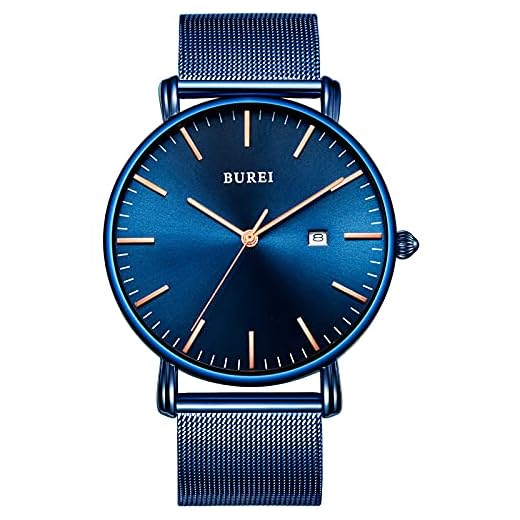 BUREI Relógio de pulso masculino moderno, minimalista, totalmente preto, à prova d'água, simples, ultrafino, analógico, quartzo, data com pulseira de malha de aço inoxidável, Azul, Movimento de