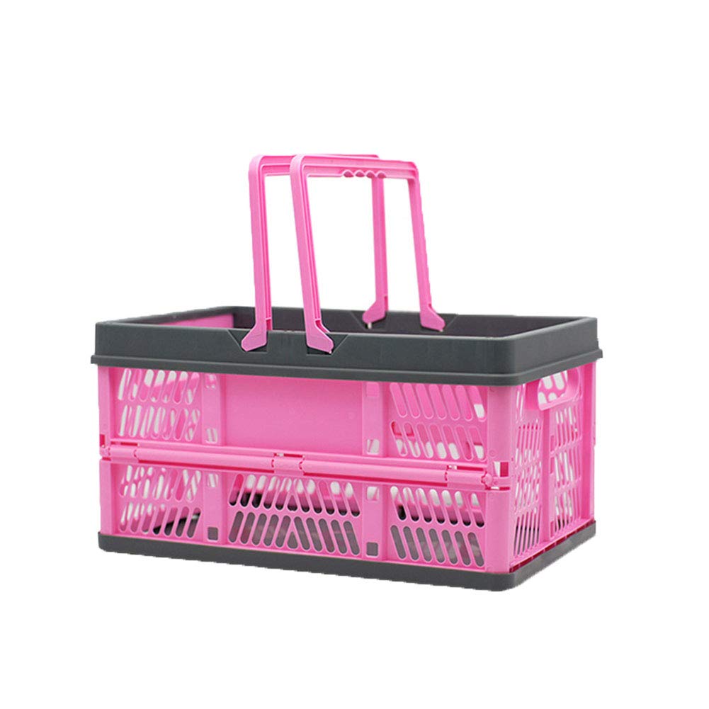 Shopping basket with handles Folding Storage Sturdy Plastic Basket for Picnic Foldable Portable Hamper Baskets for Shopping,Pink Grey,37L(45 * 32 * 26cm)