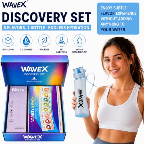 Image of Wavex Scented Water Bottle + 8 Aroma Scent Pods (Cola, Strawberry, Honey Peach, Energy Drink, Green Apple, Mint, Lemon, Orange Vanilla), Flip Top Lid, Straw & Carry Strap Included (Glacier Blue)