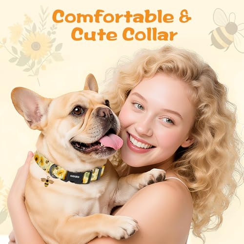 Image of Kazazoo Dog Collar Cute and Soft Nylon Puppy Collar for Boy and Girl Dogs, Adjustable Dog Collars for Extra Small Dogs, Bees and Sunflowers-XS