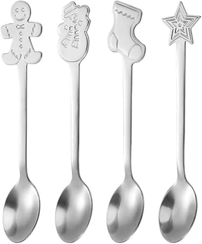 Miniatura 6 de 4 cucharas de Navidad de acero inoxidable Cuchara de café de Navidad árboles de Navidad Cuchara de té de estrella Cuchara de postre de bebida de