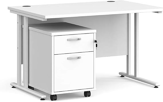 Mr Office Maestro 25 straight desk - white cantilever frame and 2 drawer pedestal bundle, White, 1200