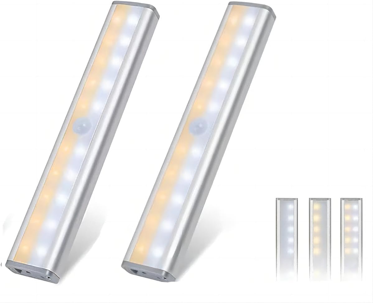 Under Cabinet Light,Bright Motion Sensor Light Indoor,Stick-on Magnetic Led Light Bar,USB Charging,Battery Operated Led Strip Lights for Kitchen,Wardrobe,Stairs, Aisle (2 Packs Warm & White Light)