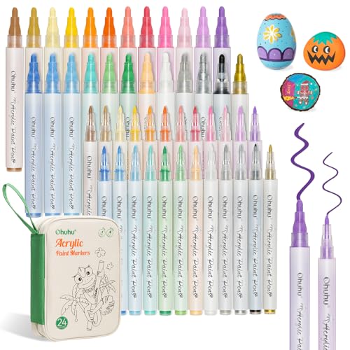 Image of Ohuhu Acrylic Markers Set, 48 Paint Pens Set of 24 Fine & 24 Round Tip in Same Colors - Reversible Chisel & Round - Good Coverage Acrylic Sketch Pen Set for Rock Painting Easter Egg Wood Plastic