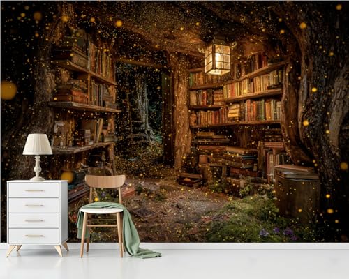 Peel and Stick Wallpaper Tree Hollow Library Golden Lantern Moss