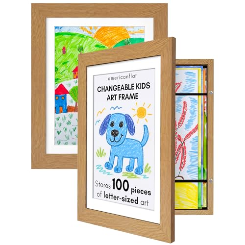 Image of Americanflat - 2 Pack - Kids Artwork Frame Changeable (Dark Oak) - Magnetic Door Holds 100 Art Pieces - 8.5x11 Letter Size Display with Mat or 10x12.5 Without Mat - My Mini Masterpiece