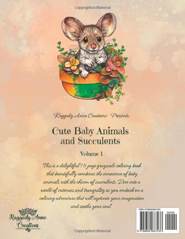 Cute Baby Animals and Succulents: Volume 1: Adorable Coloring Book for Adults and Teens, 75 Grayscale Coloring Pages image 3