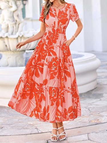 Image of BTFBM Womens Summer Floral Maxi Dresses V Neck Short Sleeve Boho Casual Flowy Long Wedding Guest Dress Beach Vacation