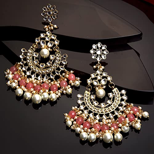 Image of Karatcart Gold Plated Pink Meena Lotus Design Kundan Dangler Earrings for Women (color may slightly vary due to photographic effect)