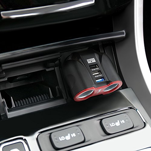 QC3.0 Smart Car Charger, 2 Socket + 3 USB (2xSmart USB Port & 1xQC3.0 USB Port) Multifunction Car Socket Splitter Adapter Built-in 10A Fuse for Smart Phones, Tablets, GPS, MP3 Players