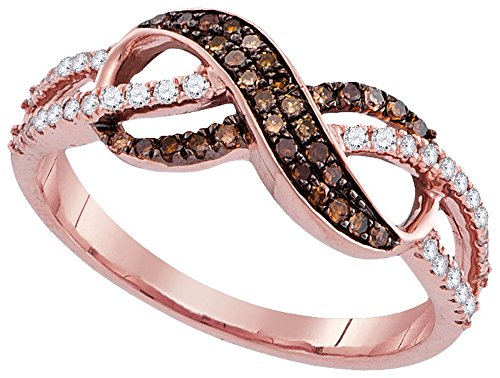 Solid 14k Rose Gold Round Chocolate Brown and White Diamond Prong Set Curved Infinity Wedding Band OR Fashion Ring (1/3 cttw)