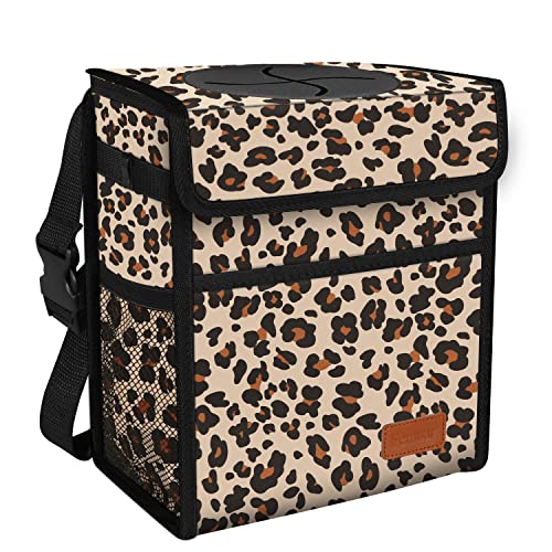 Image of Car Trash Can with Lid Leak Proof Garbage Waterproof Bag for SUV Front Seat Multipurpose Hanging Headrest Collapsible and Portable Storage Mesh Pocket, Leopard Print