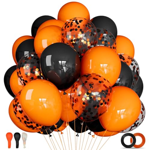 Image of 68Pcs Black and Orange Balloons, 12 inch Orange Black Latex Balloon Set with Confetti Ribbons Reusable, Fade-Resistant for Halloween, Graduation Spooky Party Decorations.