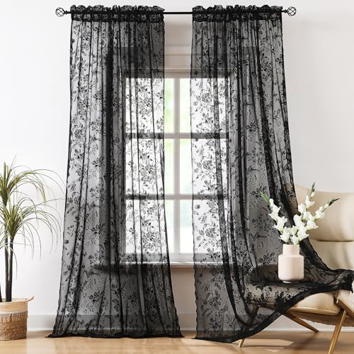 Image of Black Lace Curtains for Living-Room 84 inch Length, Fine Rose and Leaf Embroidered Light Filtering French Country Curtains for Bedroom, Vintage Delicate Floral Sheer Window Drapes 52 inch w Rod Pocket