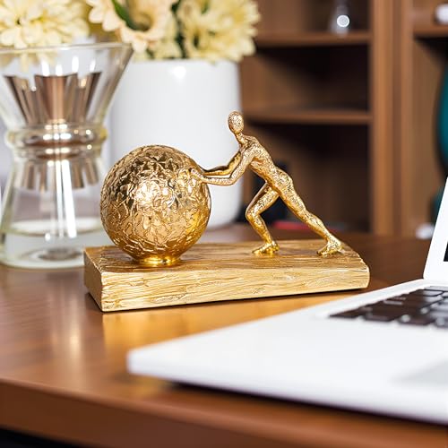 Estatua de Hombre con Esfera de Hierro Decorativa Dorada miniatura 2