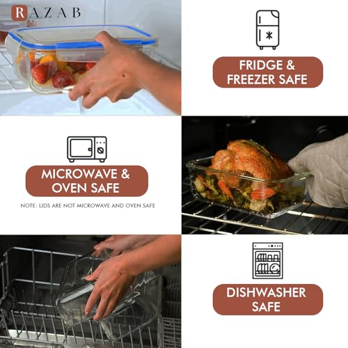 Image of Razab 4 PC 1860ml / 63 Oz / 8 Cups Large Glass Food Storage Containers with Lids - Glass Meal Prep Containers for Roasting & Storing Leftover, Lunch Container with Lids, Microwave & Oven Safe