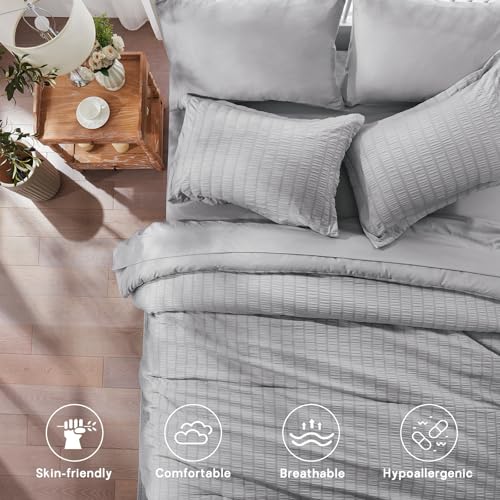 Image of Zzlpp Queen Comforter Set 7 Pieces, Light Grey Seersucker Bed in a Bag with Comforter and 2 Sheets, All Season Bedding Sets with 1 Comforter, 2 Pillow Shams, 2 Pillowcases