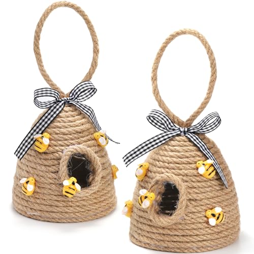 Image of Hedume 2 Pack Bee Hive Decor with Loop, Mini Bee Hive Bees Tiered Tray Decor, Spring Summer Shelf Sitter Coffee Bar Kitchen Table Bumble Bees Theme Party Home Decorations