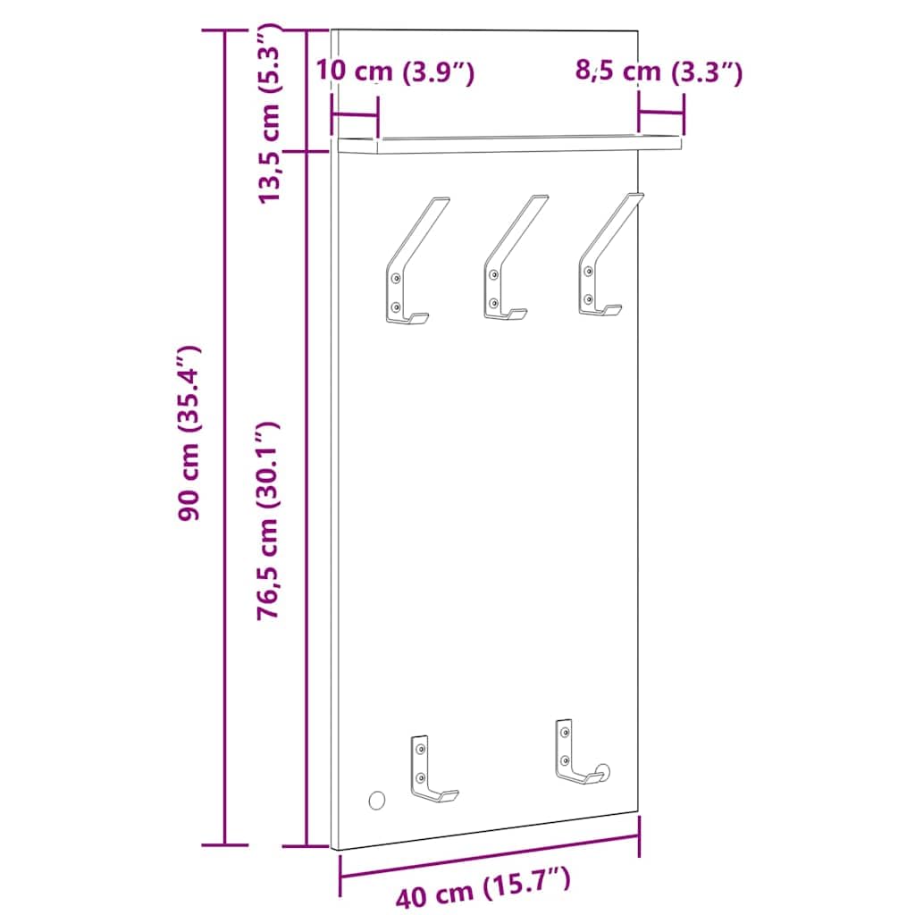 Perchero de pared de roble Sonoma 90 x 40 x 10 cm diseño moderno con 3 estantes y ganchos robustos para pasillo, salón y baño