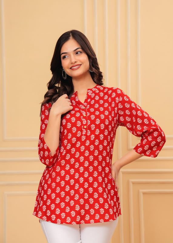 Image of Women's Cotton Printed Kurta Top | 3 /4 Sleeve Straight Kurti Casual Outings