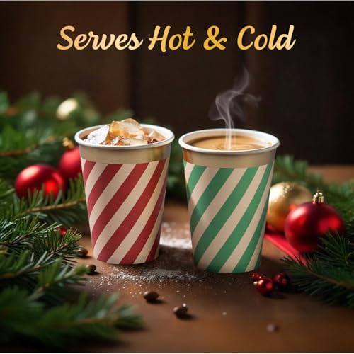 Image of Confettiville Disposable Paper Coffee Cups, Bulk 50-Pack, Christmas Party Supplies Treat Cups, 12 oz Hot and Cold Cups for Restaurants and Parties, Red and Green Diagonal Stripes, Gold Foil
