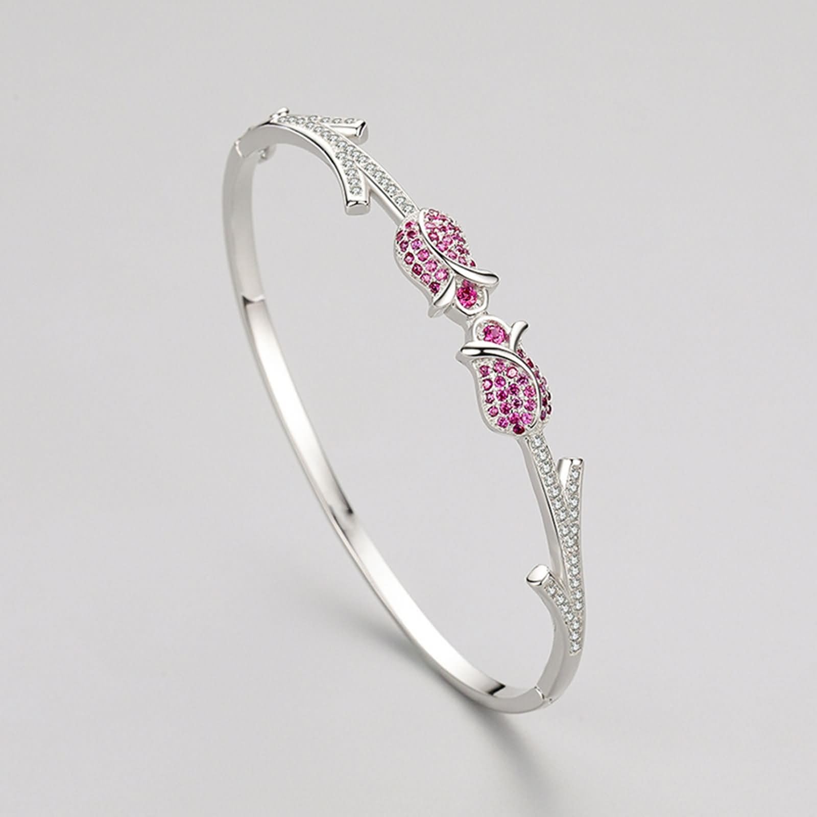 Pulsera de Oro Blanco 9 Kilates / 14 Kilates / 18 Kilates Mujer, Flor con Rubí Creado y Moissanita, Cadena 16 CM, Pulseras para Mujer de Plata Rosa