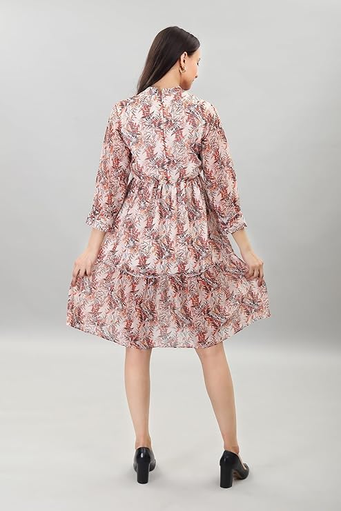 Image of A-Line Floral Printed Fit & Flared Western Brown Dress for Women | One Piece Midi Dress for Women Stylish Western Printed Dresses