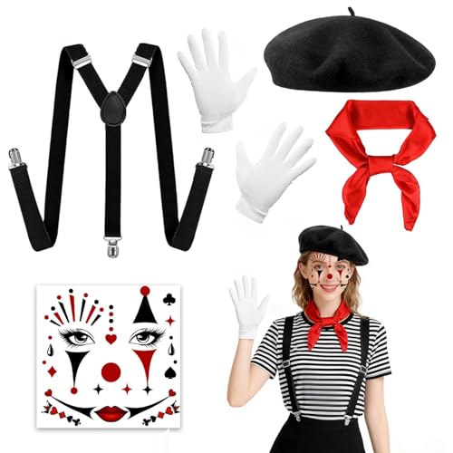 Saisver 5 Piezas Disfraz de Carnaval Pantomima para Mujer,Disfraces de Circo Adulto con Boina, Bufanda, Tirantes, Guantes y Tatuaje Facial,Disfraz de Carnaval y Halloween Mujer