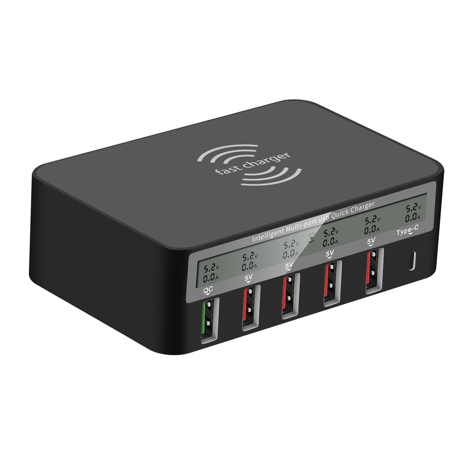 Ładowarka do telefonu USB 40 W, 6 portów, szybka ładowarka, szybkie ładowanie QC3.0 PD, wyświetlacz LCD, stacja ładująca do telefonu i tabletu, czarna