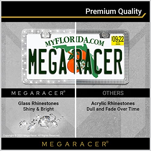 Mega Racer Rhinestone Bling License Plate Frame For Women - High-End 650 Pieces White Diamonds Three Rows, 2-Hole Stainless Steel Slim Crystal Frame, Car Wash Safe, Weatherproof, 1 Piece #TOP1