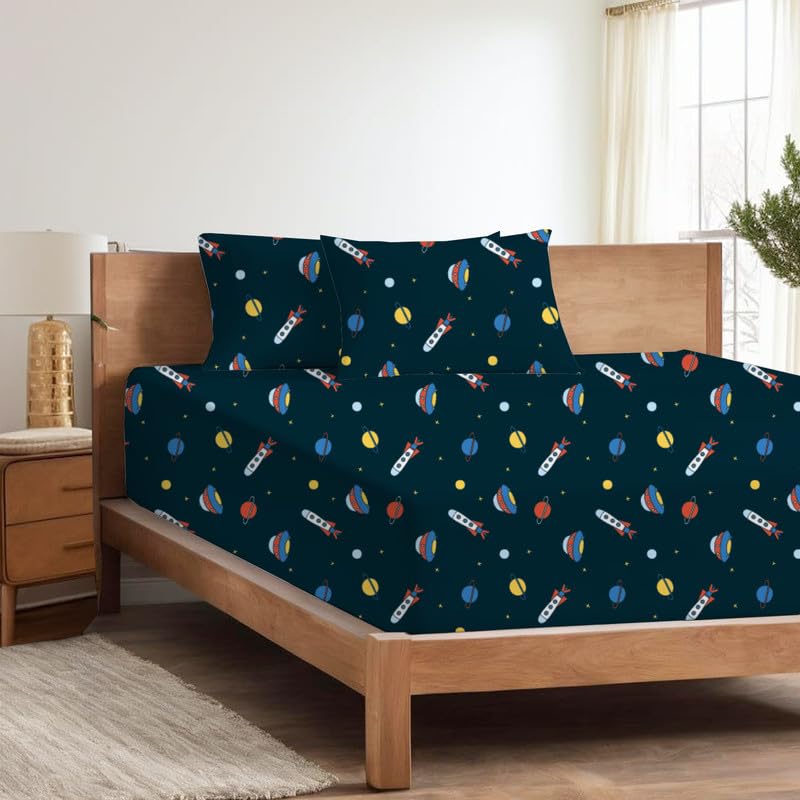Image of Bedsheet for Single Bed with 2 Pillow Covers Breathable | Outer Space Adventure Single Bed Sheet - Planet Spaceship