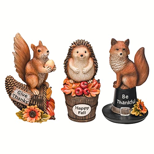 Valery Madelyn Décoration Statue d'automne avec écureuil, Renard et Hérisson Imperméable, Lot de 3 Figurines de Statue de Récolte en Résine de Jardin pour Thanksgiving, Pelouse, Patio Extérieur Cover
