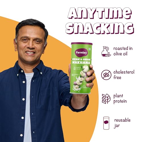 Image of Farmley Roasted Flavoured Makhana | Cream & Onion Roasted Makhana | Namkeen Snacks & Snacks | Healthy Snack | Cholesterol Free | Gluten Free | Rich In Protein Fiber | Roasted in Olive Oil - 83g Jar