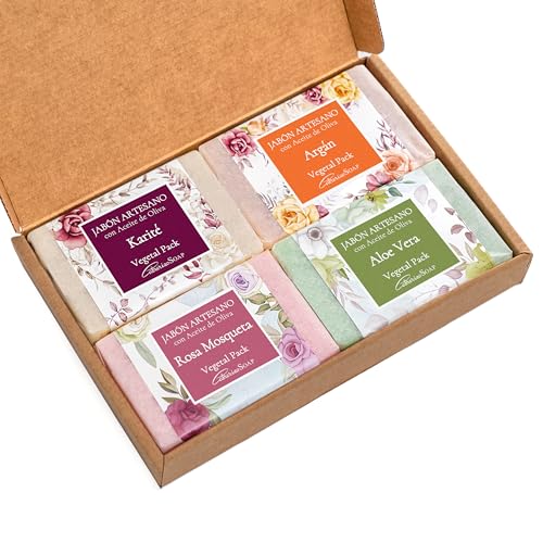 CABRERIZO SOAP - Jabones para regalar - jabones artesanales de Aceite de oliva, Karité, Argán, Rosa Mosqueta y Aloe Vera - Cuidado suave y natural para la piel en la rutina diaria - 4 x 125 g.