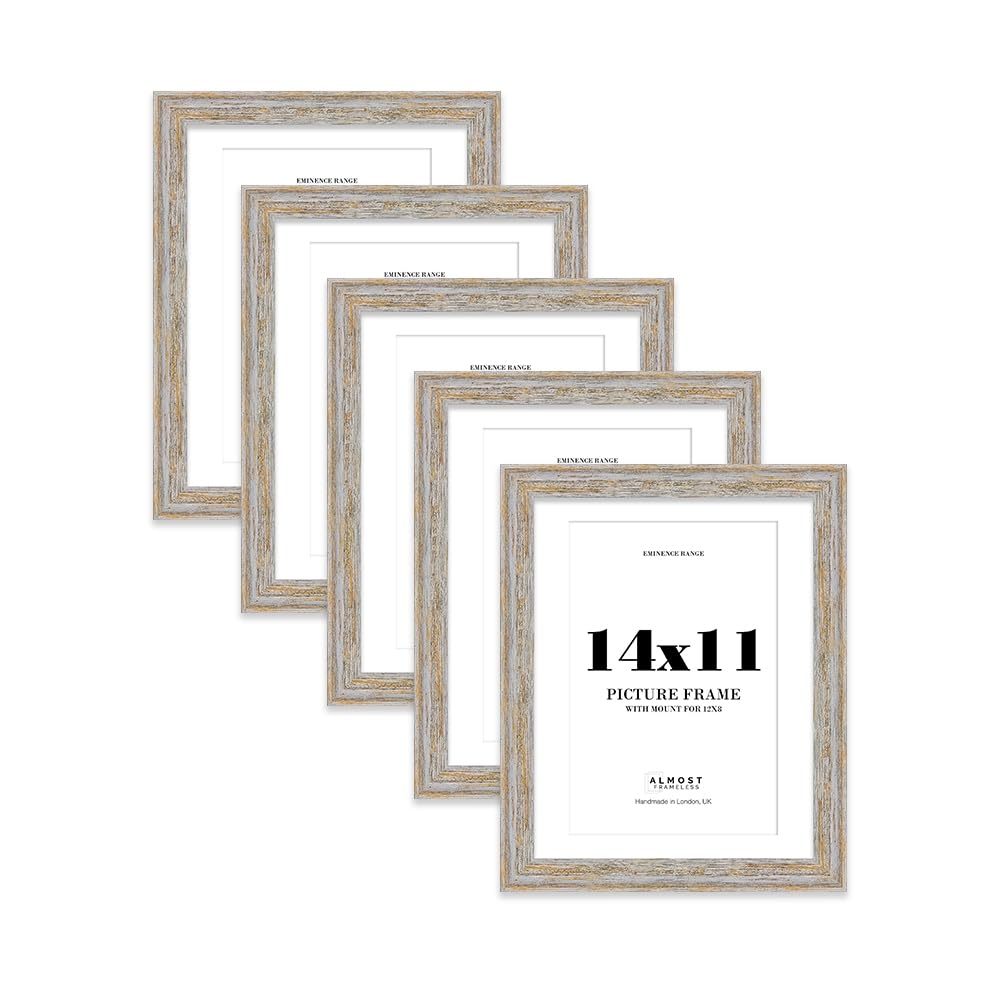 14x11" Walnut Woodgrain Picture Frame with 12x8" Mount - Shabby Chic Photo Frame with Distressed Finish, Wall Hooks and Kickstand, 32mm Edge - 5 Pack