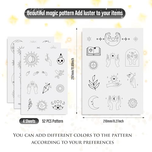 Image of 52 Pcs Water Soluble Embroidery Patterns Sun Crescent Moon Witchy Hand Patterns Stick and Stitch Transfer Embroidery Paper for Adult Beginners Hand Sewing Starter Kit