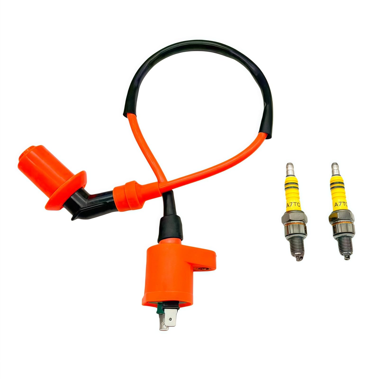 - Racing Ignition Coil + 2*A7TC Spark Plug for GY6 50cc 80cc 125cc 150cc Scooter ATV Go Kart Moped Quad Pit Dirt Bike (Orange)