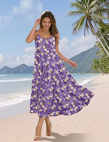 Image of YESNO Summer Bohemian Floral Dresses for Women Spaghetti Straps Maxi Dress Casual Flowy Dresses with Pockets ES0