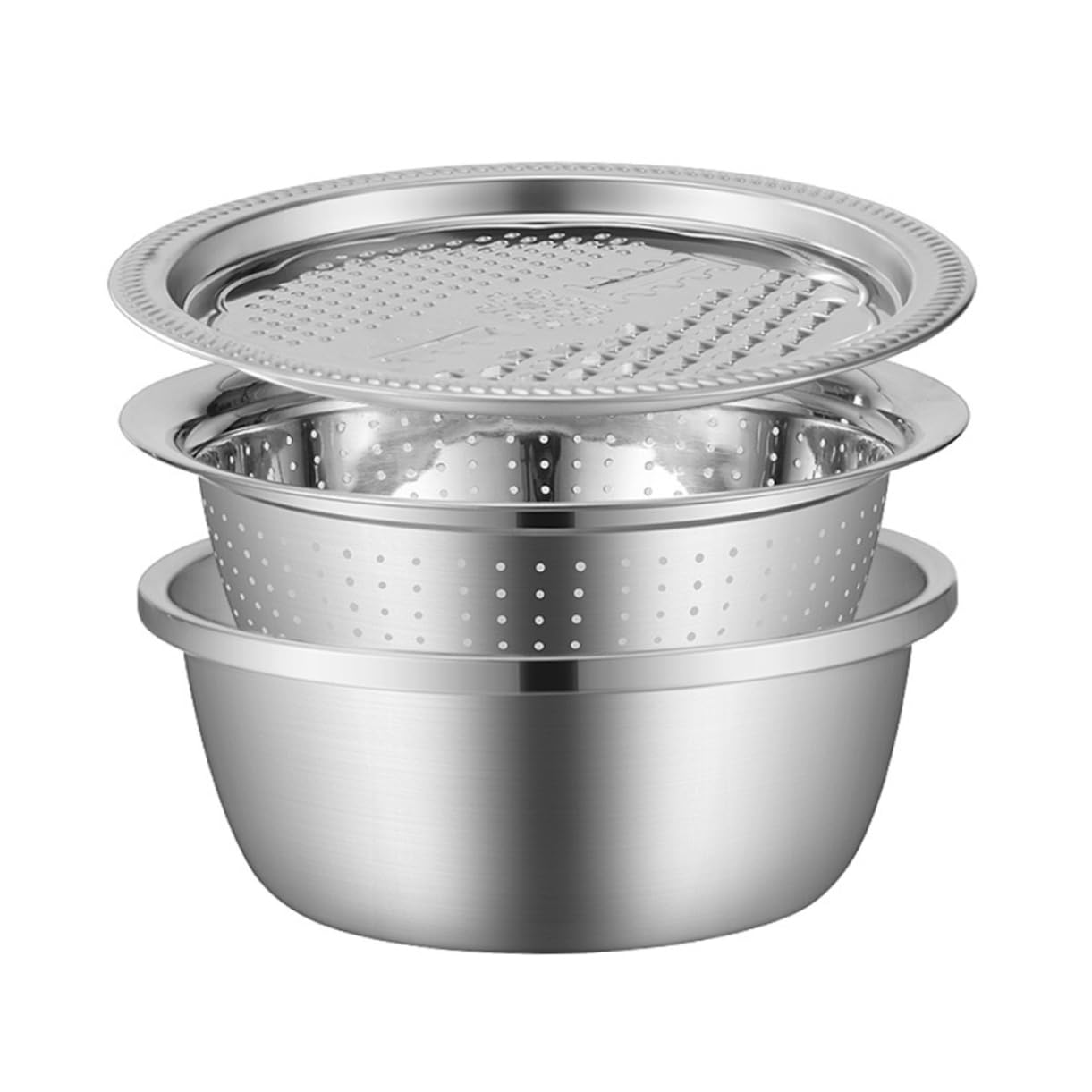 PRETYZOOM Set Utensili da Cucina in Acciaio Inox 3 Pezzi, Bacinella Grattugia Multifunzione Argento, per Frutta e Radice Aromatica, Taglio e Scolatura Efficienti