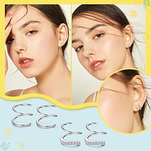 FUNRUN JEWELRY 2Pairs 925 Sterling Silver Twist Wrap Spiral Earrings for Women Double Hoop Climber Cuff Earrings Hypoallergenic Tiny CZ Cartilage Twist Piercing Earrings3